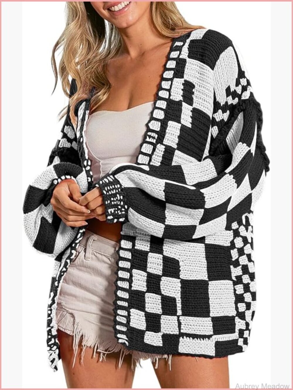 Vintage Open Front Chunky Knit Plaid Long Sleeve Cardigan